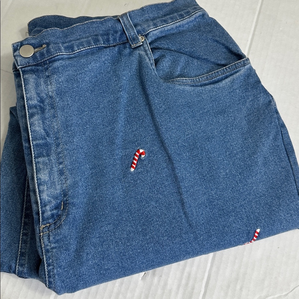 Quacker Factory Plus Size 22W Christmas Candy Cane Embroidered Straight‎ Jeans